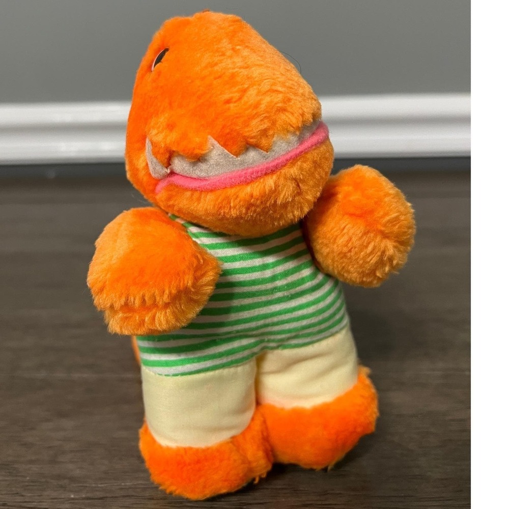 Vintage Top Toys Inc Orange T-Rex Dinosaur Plush Green Striped Shirt 9" Retro